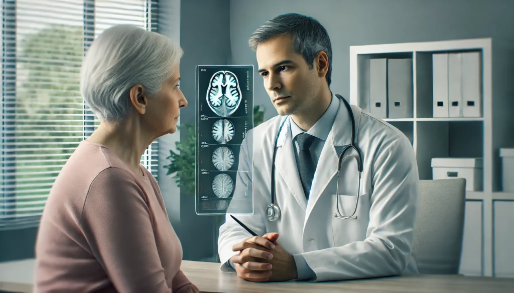 Doctor evaluating an elderly patient during a cognitive test, focusing on dementia vs Alzheimer symptoms