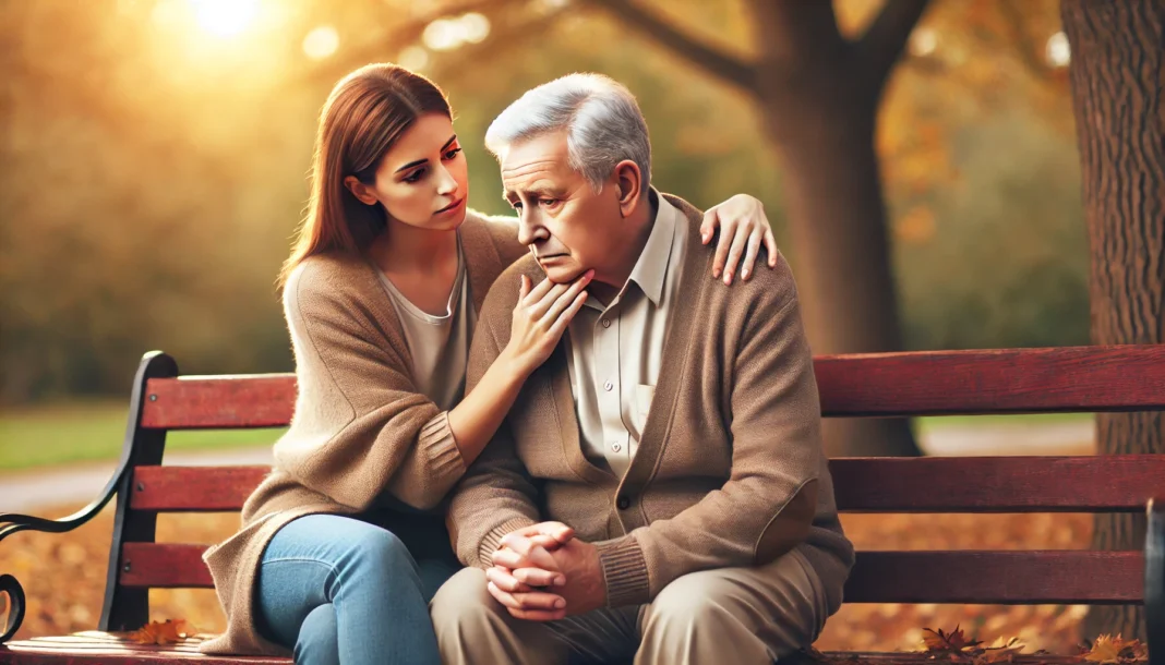 Elderly parent being comforted by adult child on a park bench, exploring dementia vs Alzheimer symptoms