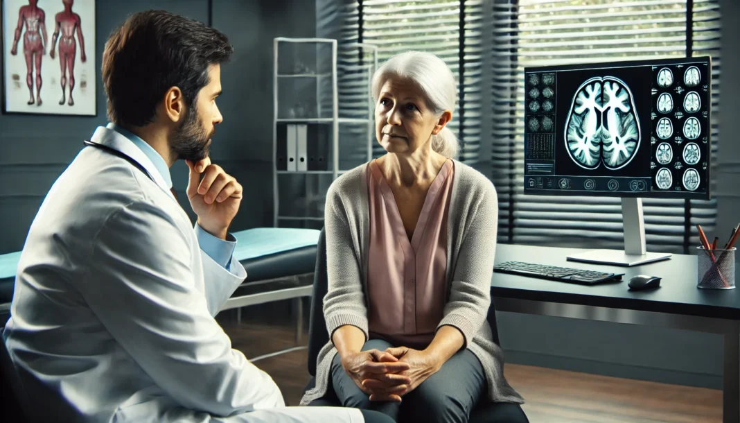 Concerned woman discussing functional cognitive disorder symptoms with a neurologist during evaluation.