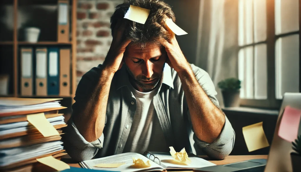 Frustrated man experiencing memory lapses and mental fatigue linked to functional cognitive disorder.
