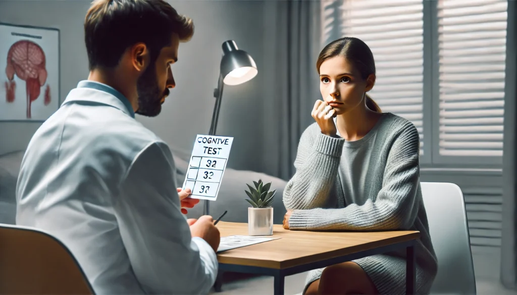 Neuropsychologist administering cognitive test for evaluating functional cognitive disorder symptoms.