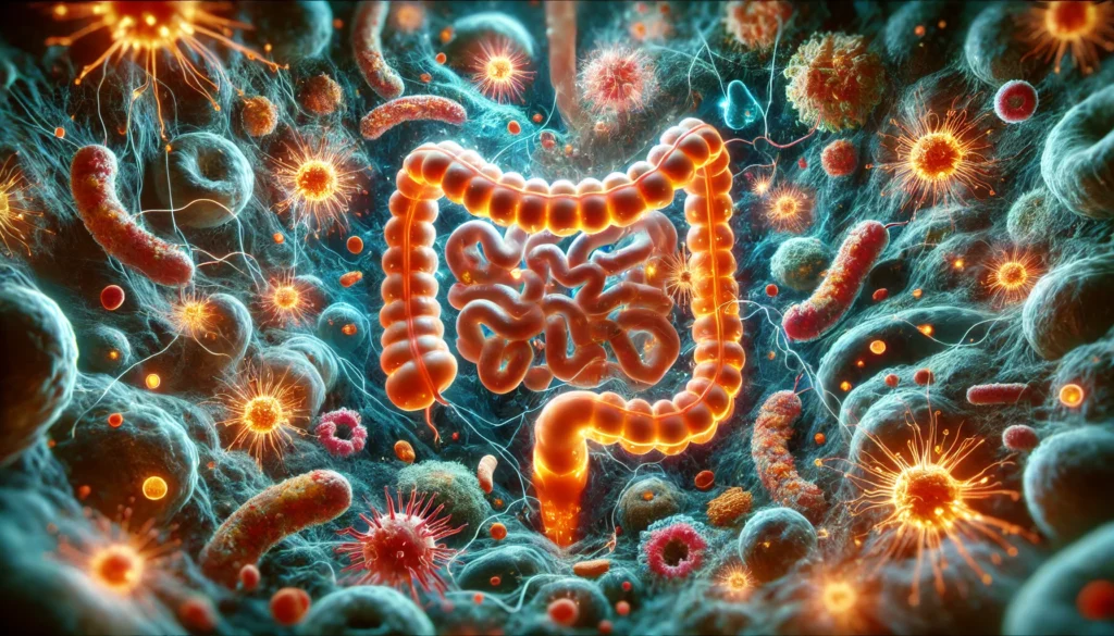 Artistic depiction of gut microbiota imbalance and immune activation in functional GI disorders