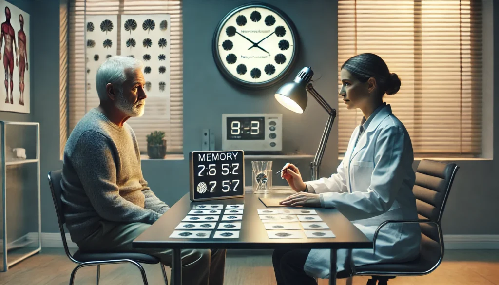 Elderly man undergoing cognitive testing for memory disorder at a mental health clinic.