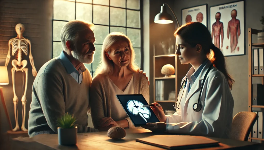 Doctor reviewing cognitive health findings with couple concerned about memory disorder symptoms.