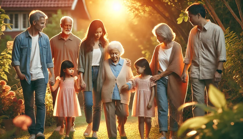 Family supporting an elderly relative with neurocognitive problems, symbolizing care and brain health awareness