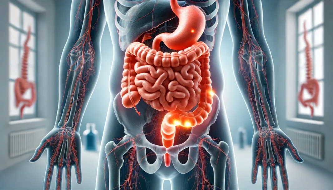 Spastic colon illustration showing nerve-sensitive large intestine with digestive tract discomfort focus