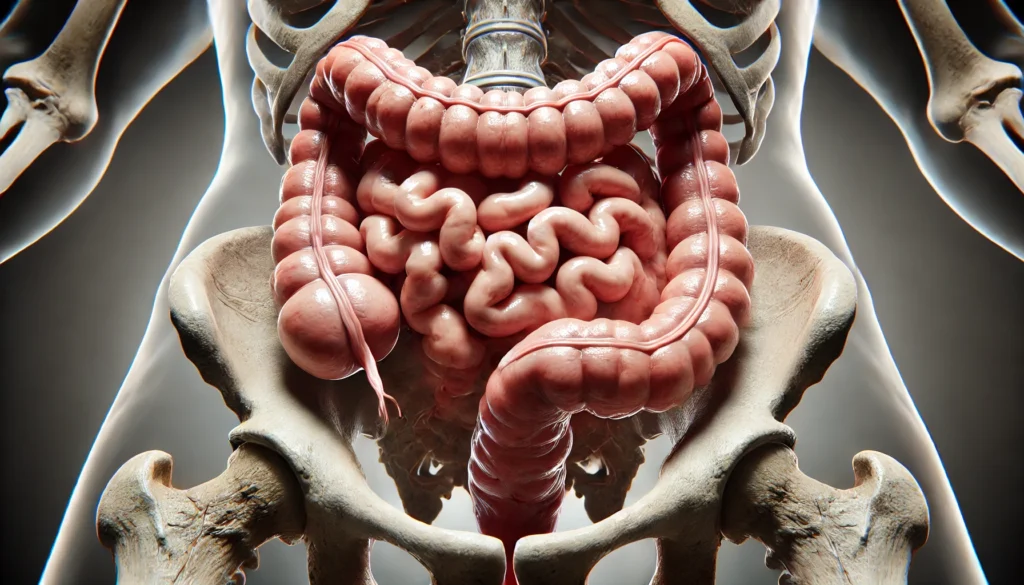 Spastic colon visualization comparing normal and overstimulated bowel nerve responses