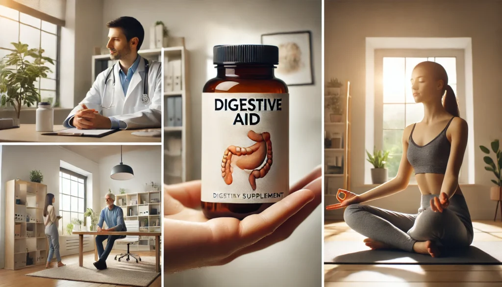 Spastic colon FAQ visual with doctor consult, digestive aid, and stress relief practice