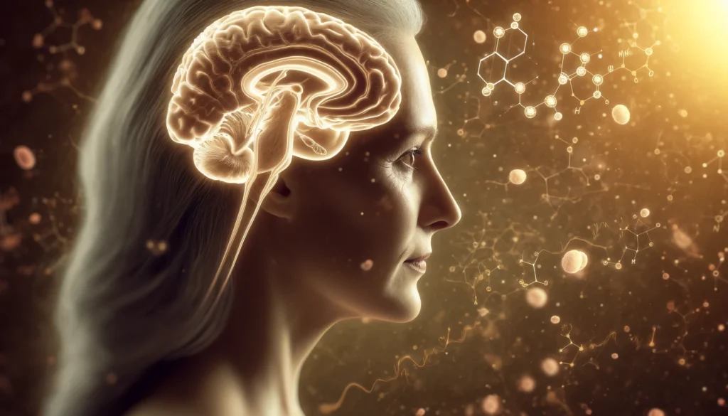 Older woman with estrogen-linked brain overlay representing hormonal influence in what stage of dementia is losing track of time.