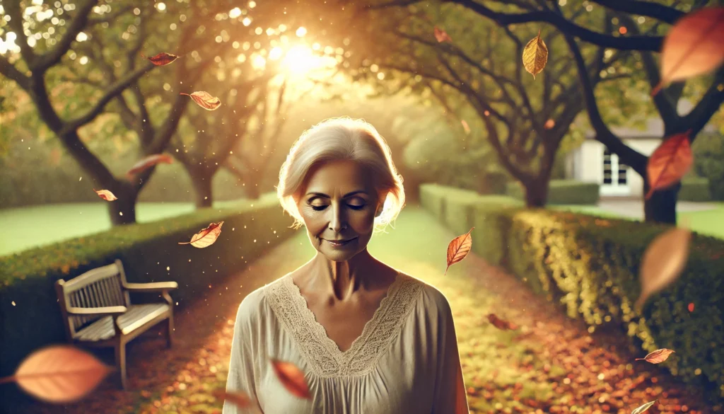 Elderly woman walking through a sunlit garden, symbolizing dignity in what stage of dementia is losing track of time. 1