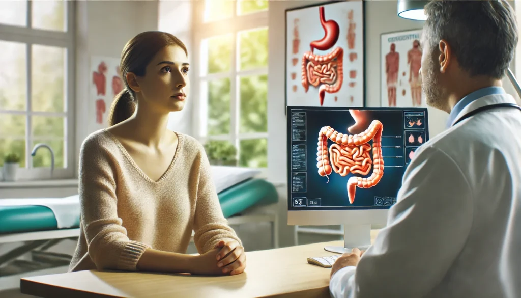 Gastroenterologist discussing upper digestive tract issues with patient in clinical setting