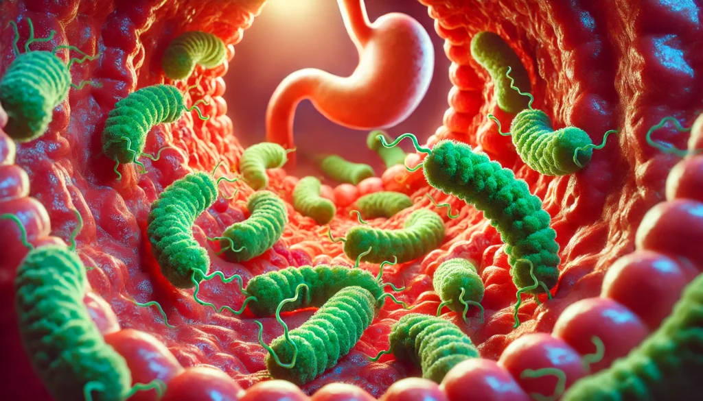 Microscopic view of Helicobacter pylori bacteria interacting with inflamed stomach lining