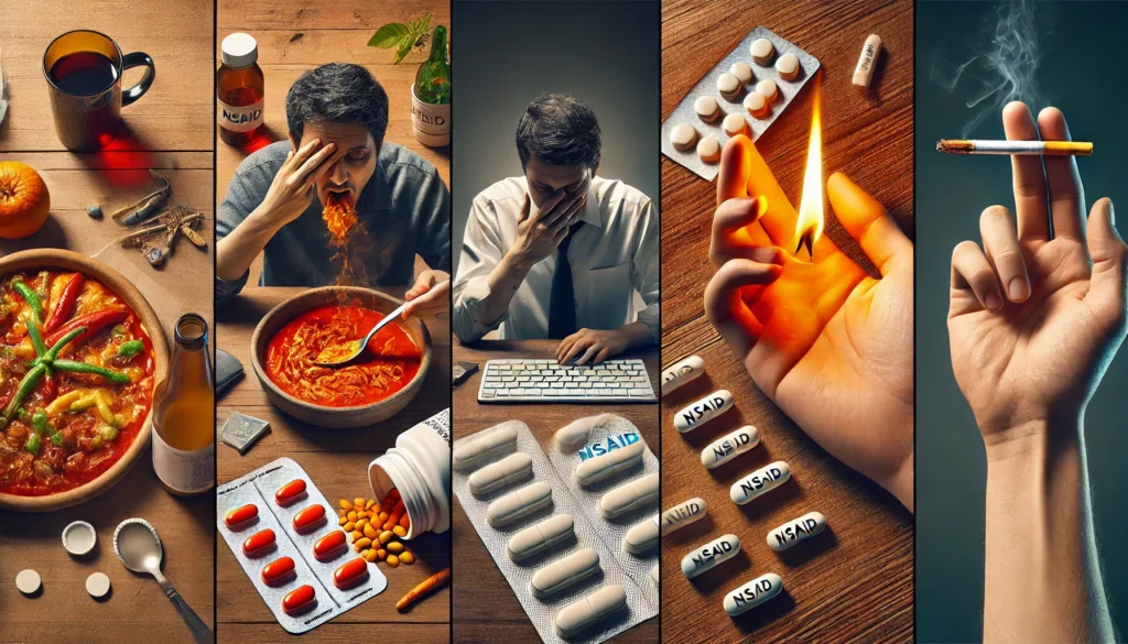 Visual depiction of causes of upper digestive tract issues including stress, food, NSAIDs, and smoking