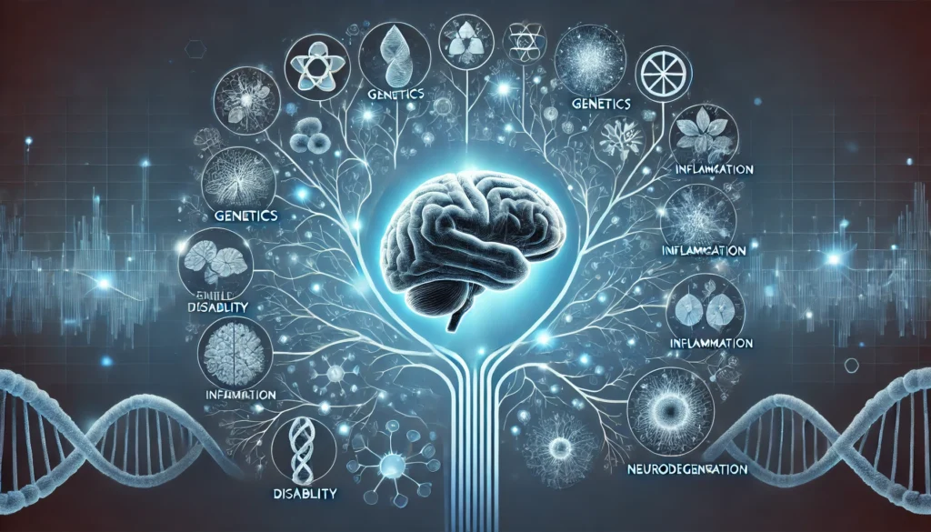 Abstract branching causes of what is a cognitive disability including genetic, neurological, and trauma factors