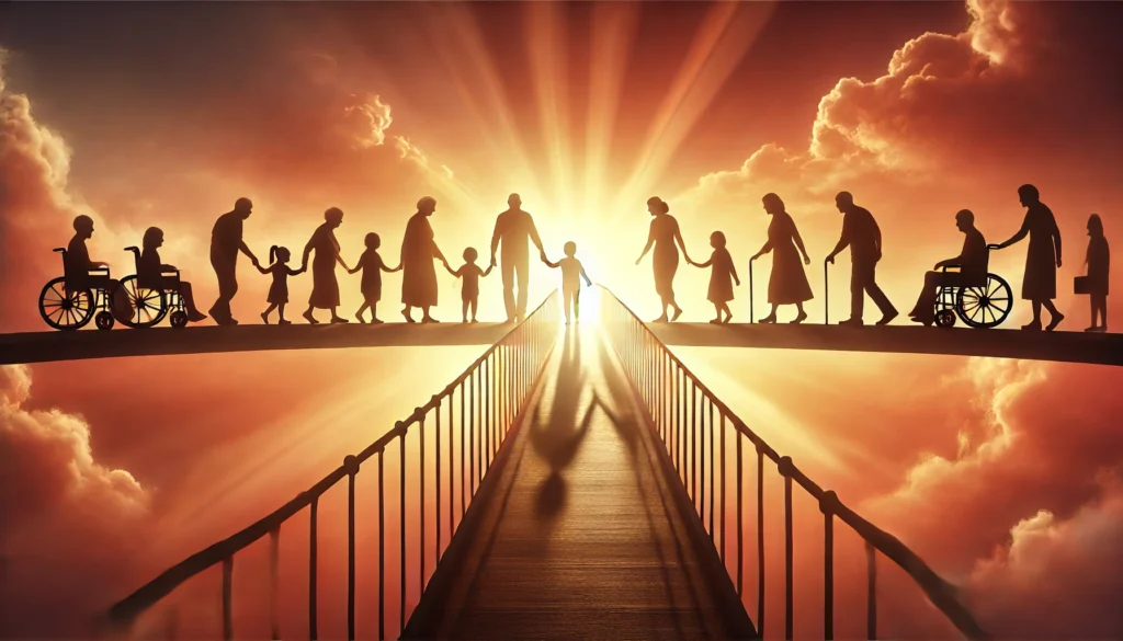Silhouettes crossing a sunrise-lit bridge symbolizing understanding and support for what is a cognitive disability journey