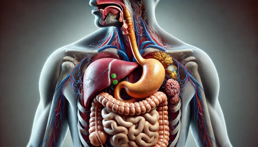Detailed digital visualization of the gastrointestinal system including stomach, intestines, and liver