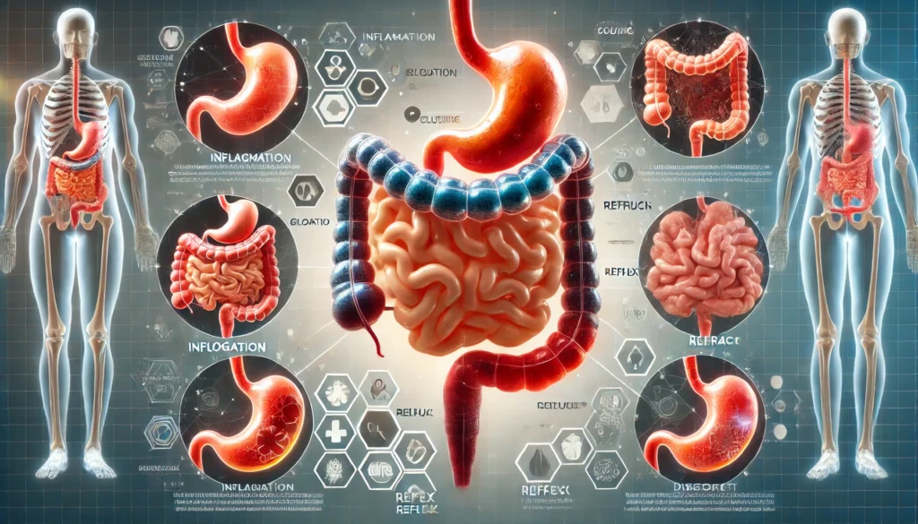 Comparative graphic of four common gastrointestinal conditions showing gut inflammation patterns