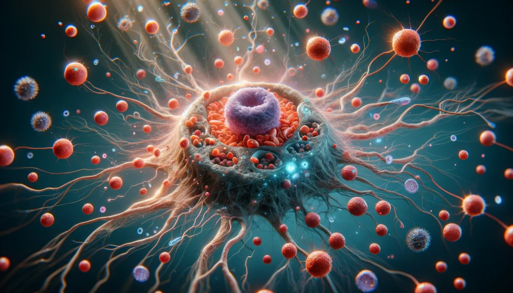 Visual of inflamed microglia attacking brain neurons with oxidative stress and mitochondrial dysfunction in a deteriorating brain.