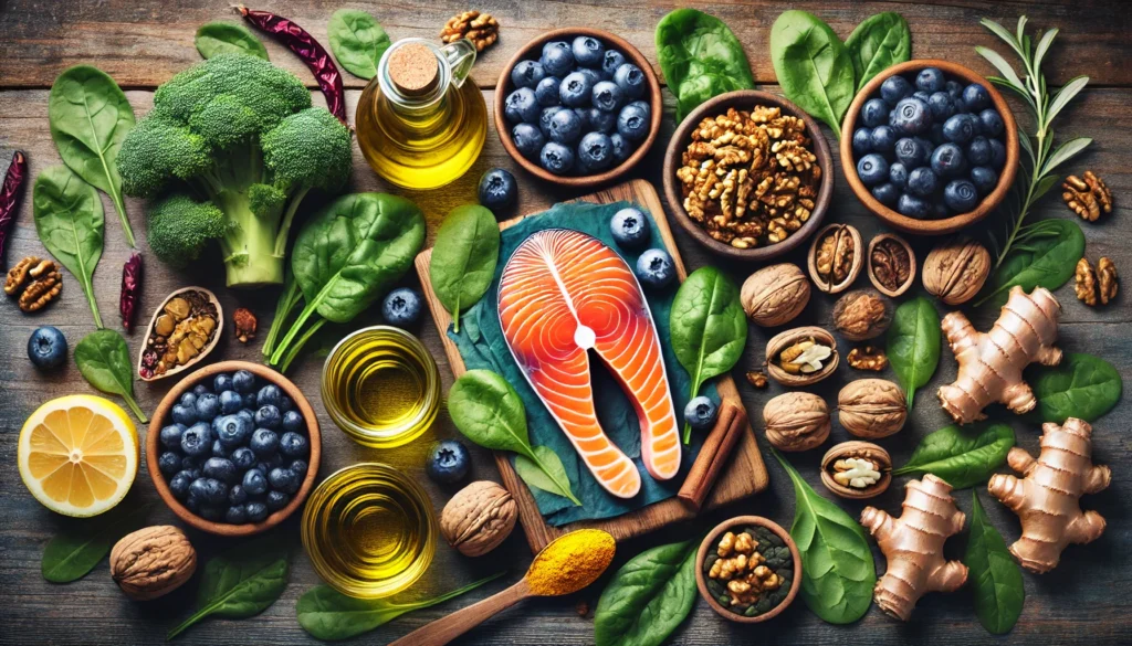 Mediterranean brain-healthy foods like salmon, blueberries, and walnuts arranged to support nutrition against a deteriorating brain.
