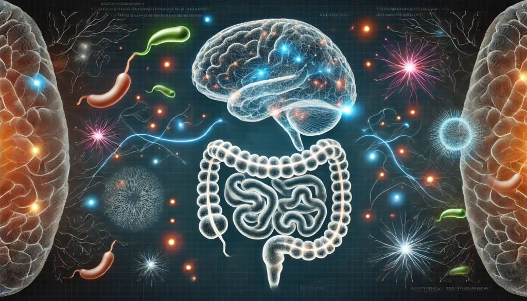 Stylized image of gut-brain axis with connected neural pathways and glowing microbiota illustrating effects on a deteriorating brain.