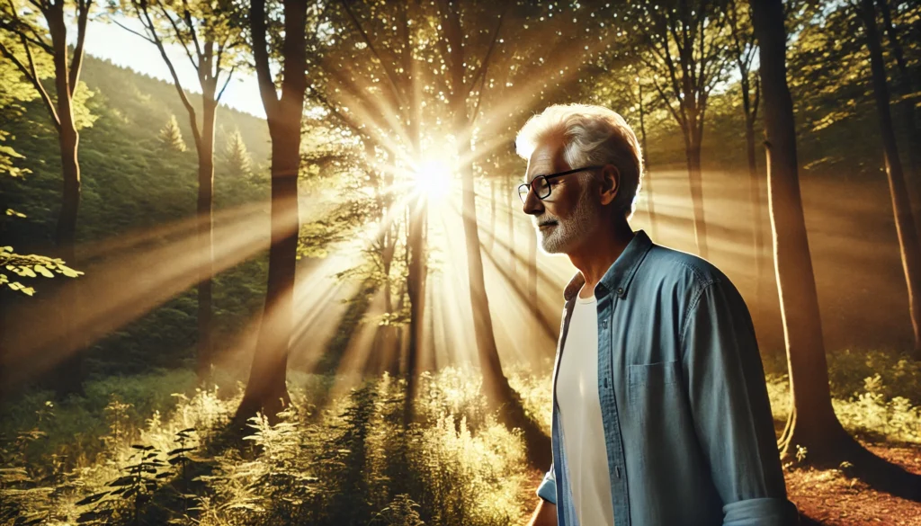 Older adult walking peacefully through a sunlit forest, symbolizing resilience and clarity after facing a deteriorating brain.