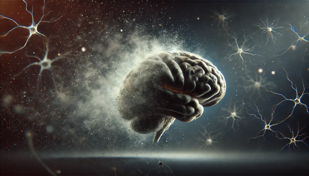 Dissolving human brain turning into particles against a dark neural background, symbolizing cognitive decline and a deteriorating brain.