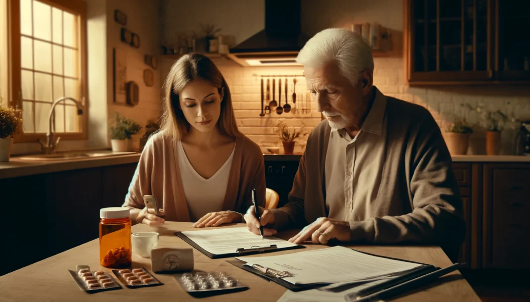 Woman comforting elderly loved one while discussing concerns about possible dementia symptoms