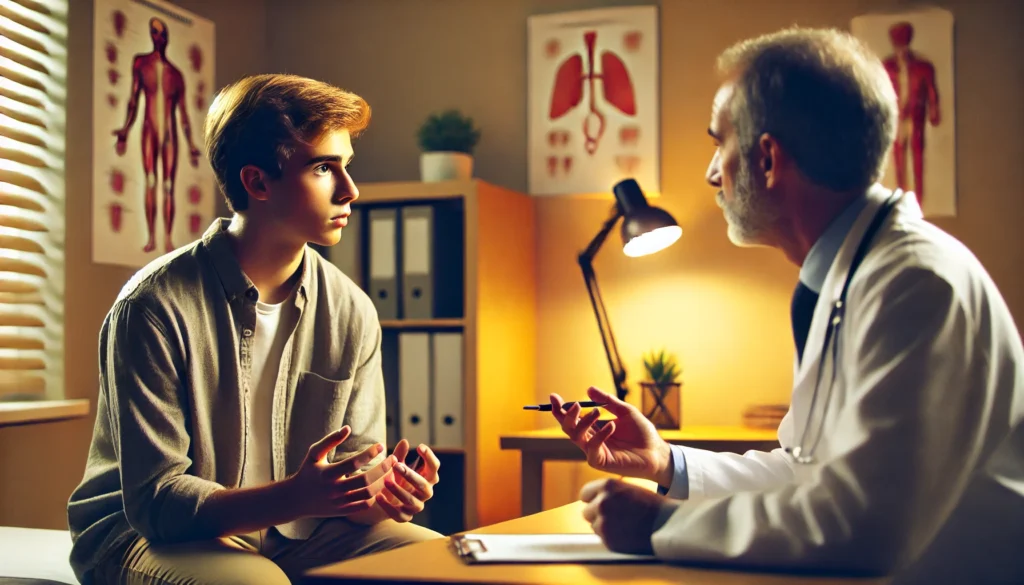 Young person consulting doctor about memory problems and forgetting things at 20
