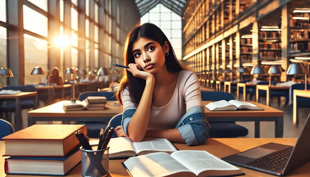 Confused 20-year-old student in college library showing signs of forgetting things at 20