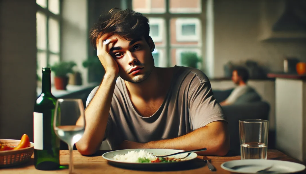 Person appearing mentally foggy after eating food, reflecting brain fog and cognitive haze linked to digestion
