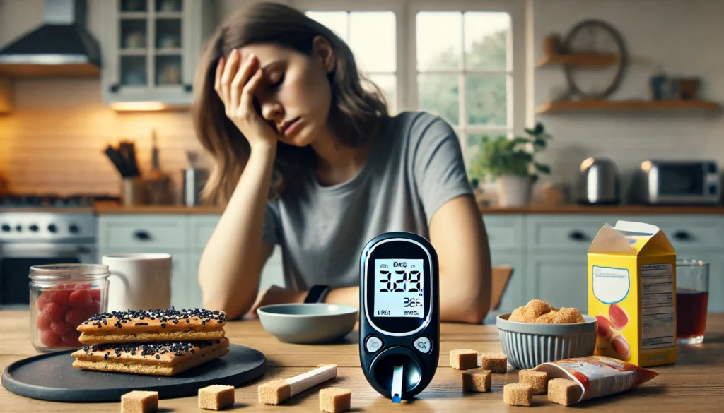 Tired person with glucose monitor nearby, illustrating blood sugar crashes causing brain fog after eating food