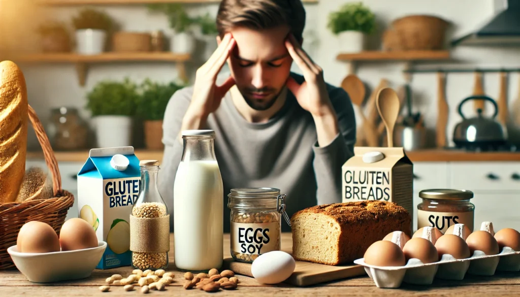 Table of common food allergens with person in background showing signs of brain fog after eating food