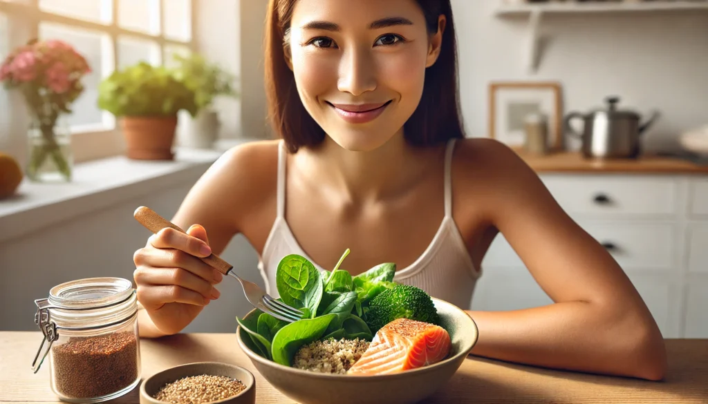 Person enjoying a balanced meal and looking mentally sharp, symbolizing recovery from brain fog after eating food