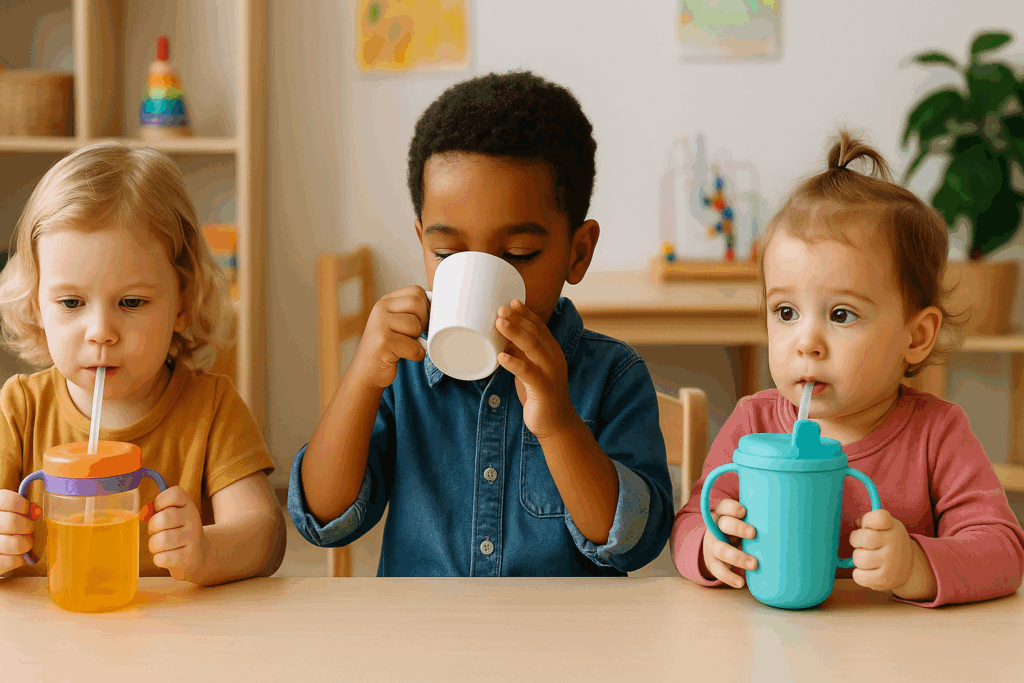 Three diverse toddlers seated at a child-sized table using a straw cup, open cup, and training cup to illustrate alternatives in the debate over are sippy cups bad.