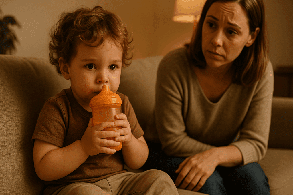 Preschool child holding a sippy cup closely on a couch while a concerned caregiver watches, illustrating emotional attachment in the debate over are sippy cups bad.