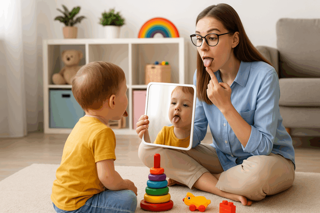 Speech-language therapist using a mirror and toys to guide a toddler’s mouth movements during a session exploring early questions like are sippy cups bad for development.