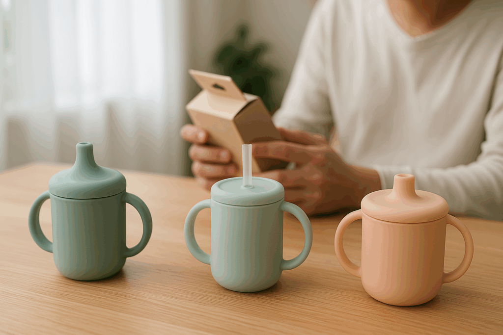 Three silicone sippy cups with different lid styles—spout, straw, and 360°—arranged on a wooden table as a parent inspects packaging in the background