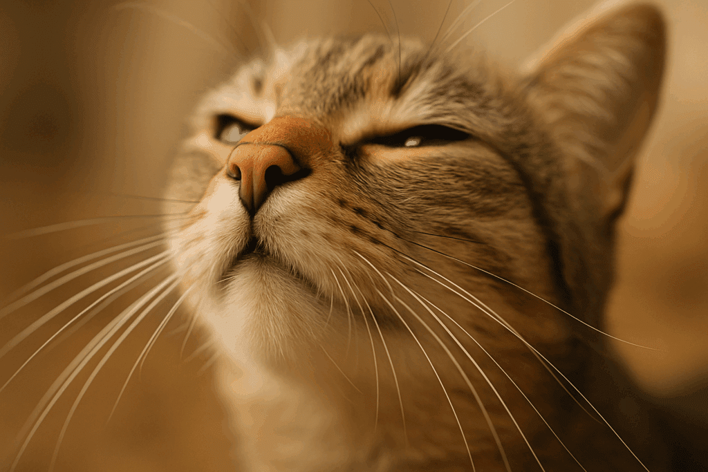Close-up of a cat’s nose and whiskers exploring its environment, highlighting the delicate sensory capabilities that can influence litter box aversion.