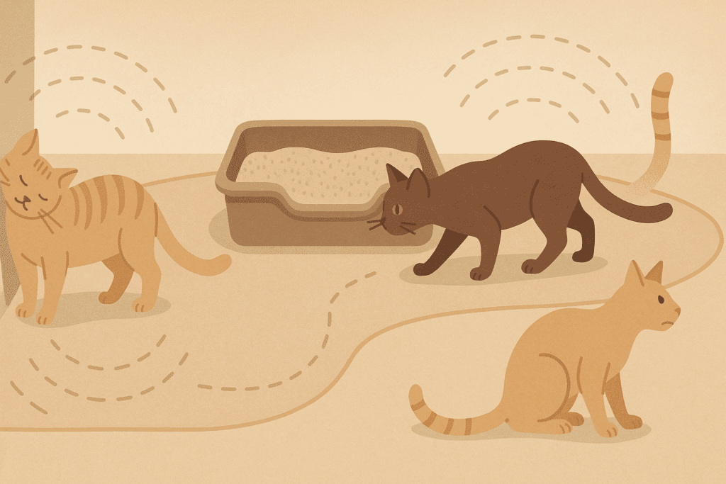 Infographic illustration of multi-cat household scent dynamics, showing cats near a shared litter box, with one cat marking territory, another cautiously approaching, and a third observing from a distance, highlighting potential litter box aversion in a multi-cat environment.