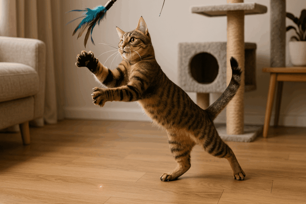 Energetic domestic cat playing with a feather wand next to a multi-level cat tree in a cozy living room, promoting active behavior to help prevent cat obesity.