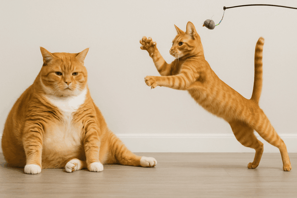 Two cats illustrating the contrast in cat obesity: an overweight, sedentary orange tabby lounging with a round, sluggish posture next to a fit, agile cat leaping to catch a toy, emphasizing the differences in energy, body structure, and overall health.
