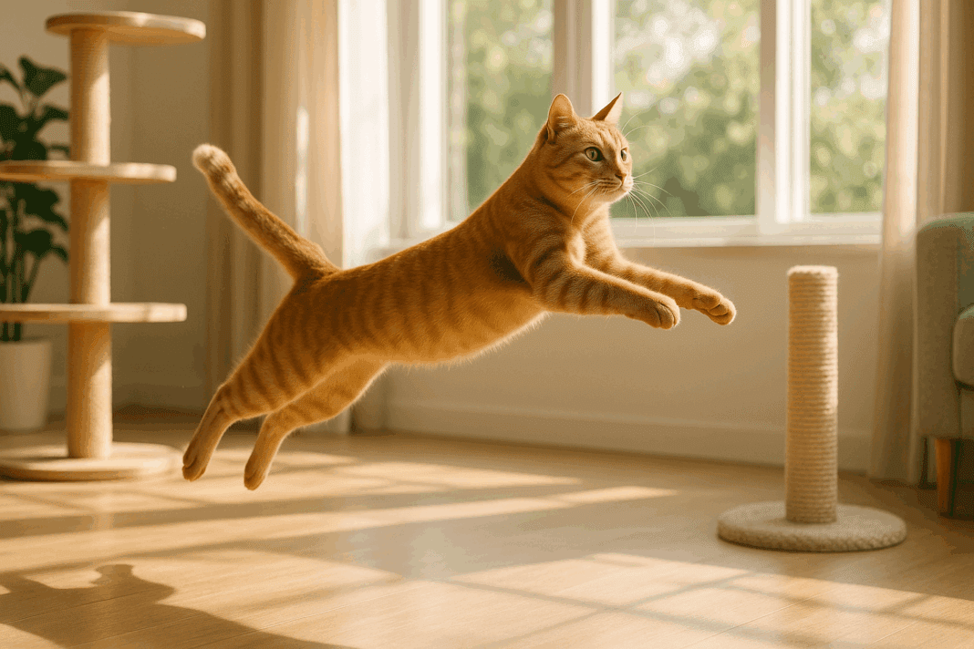 Fit, energetic orange tabby cat leaping gracefully in a sunlit living room with modern cat furniture, capturing the importance of an active lifestyle in preventing cat obesity.