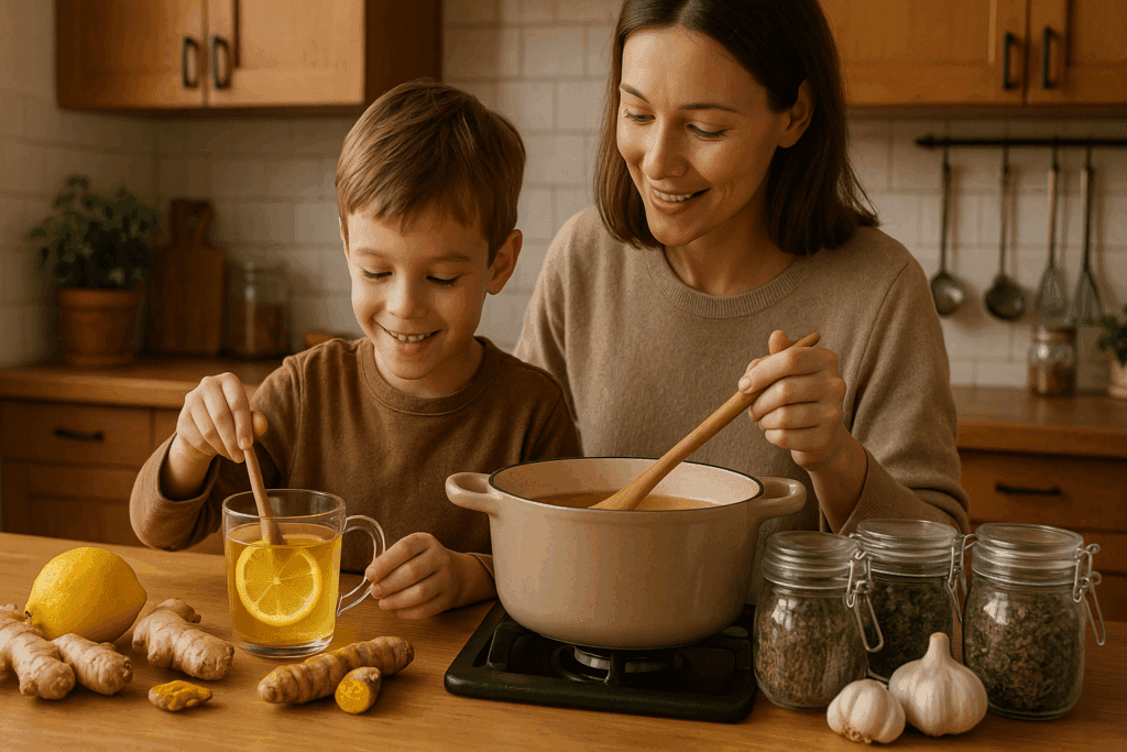 Parent and child preparing herbal tea with lemon, ginger, and garlic in a cozy kitchen, promoting natural kids immunity vitamins.