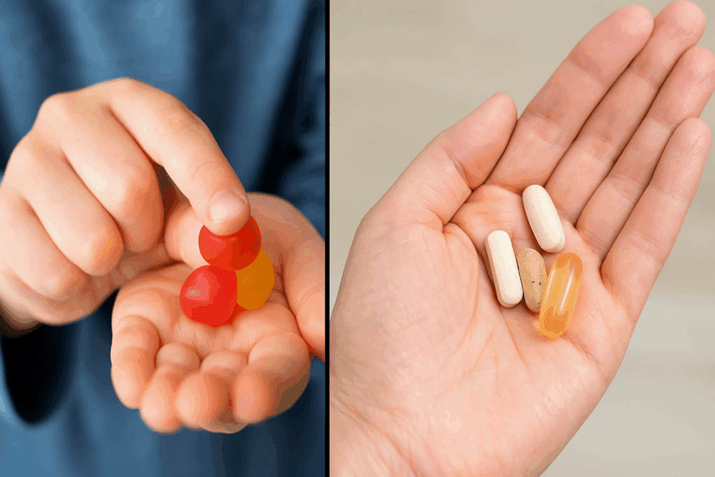 Split-screen comparison of kids immunity vitamins as colorful gummies in a child’s hand next to adult capsules in an adult’s hand.