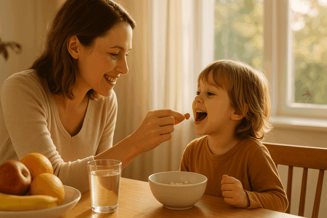 Smiling mother giving kids immunity vitamins to her child at a sunny breakfast table with fresh fruit and water.