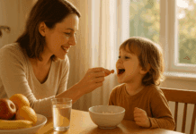 Essential Guide to Choosing Safe and Effective Kids Immunity Vitamins for Daily Wellness Smiling mother giving kids immunity vitamins to her child at a sunny breakfast table with fresh fruit and water.
