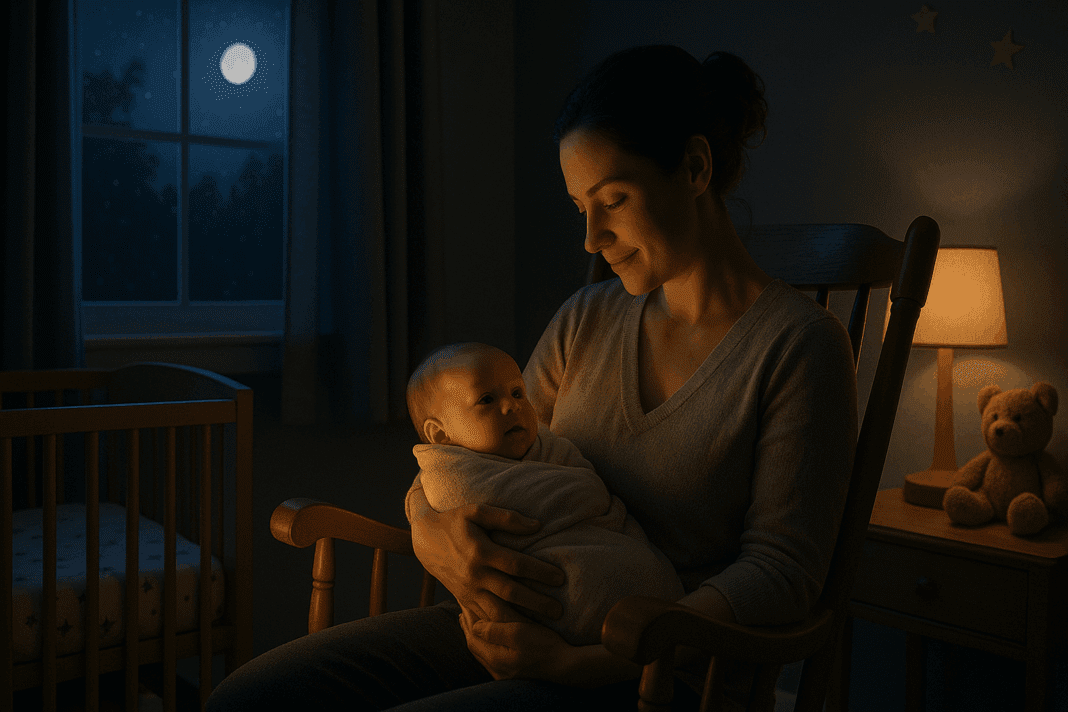 Caregiver gently rocking an alert infant in a dim nursery, illustrating newborn cluster feeding at night with warm, soothing lighting.