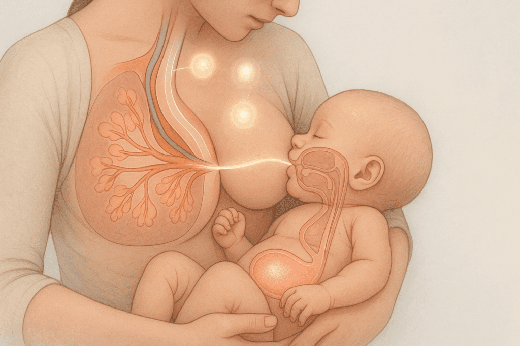 Cross-sectional illustration of a mother breastfeeding a baby, highlighting milk flow, hormones, and digestion during newborn cluster feeding at night.