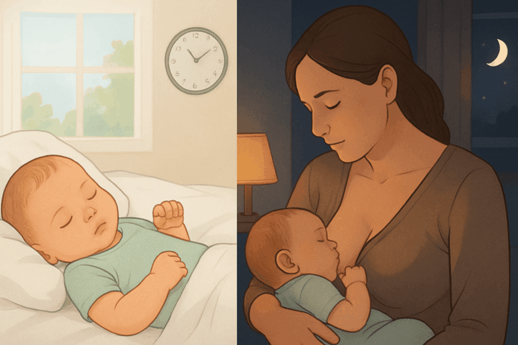 Split scene of a baby sleeping peacefully during the day and engaging in newborn cluster feeding at night in a dimly lit room.