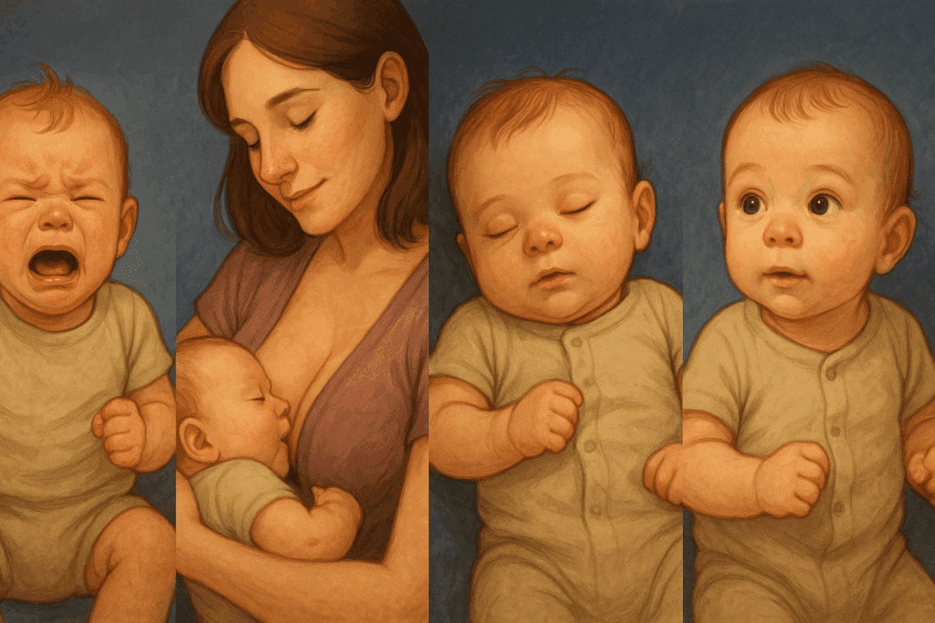 Four-panel timeline showing newborn cluster feeding at night with phases of crying, nursing, sleeping, and quiet alertness.